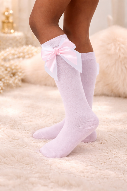 Baby Girl Knee Socks with Satin Double Bow - Baby Pink & White