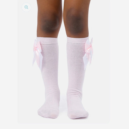 Baby Girl Knee Socks with Satin Double Bow - Baby Pink & White