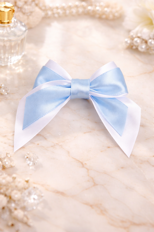 Baby Girl Satin Double Bow Hairclip - Baby Blue & White